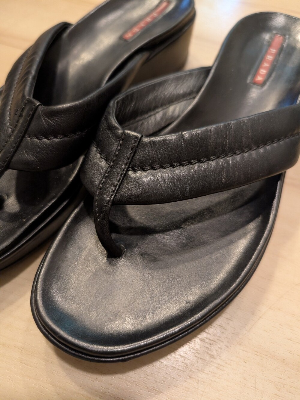 Prada Y2K Vintage Black Leather Thong Wedge Boho Coastal Summer Sandals Size 7 - Picture 10 of 10
